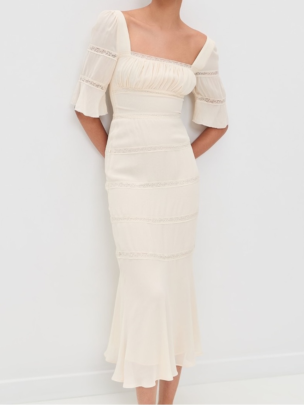 NWT Reformation Laverna Lace Chiffon Ruched Long Sleeve Midi Maxi Dress Cream